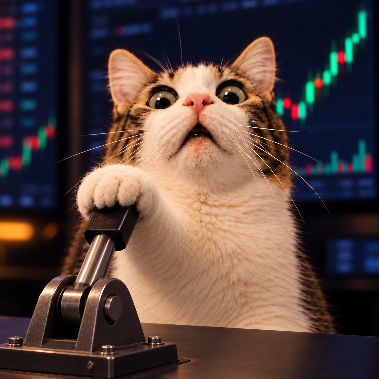 A wide-eyed tabby cat at a trading desk, paw on a big industrial lever, green candles climbing on the screen behind it