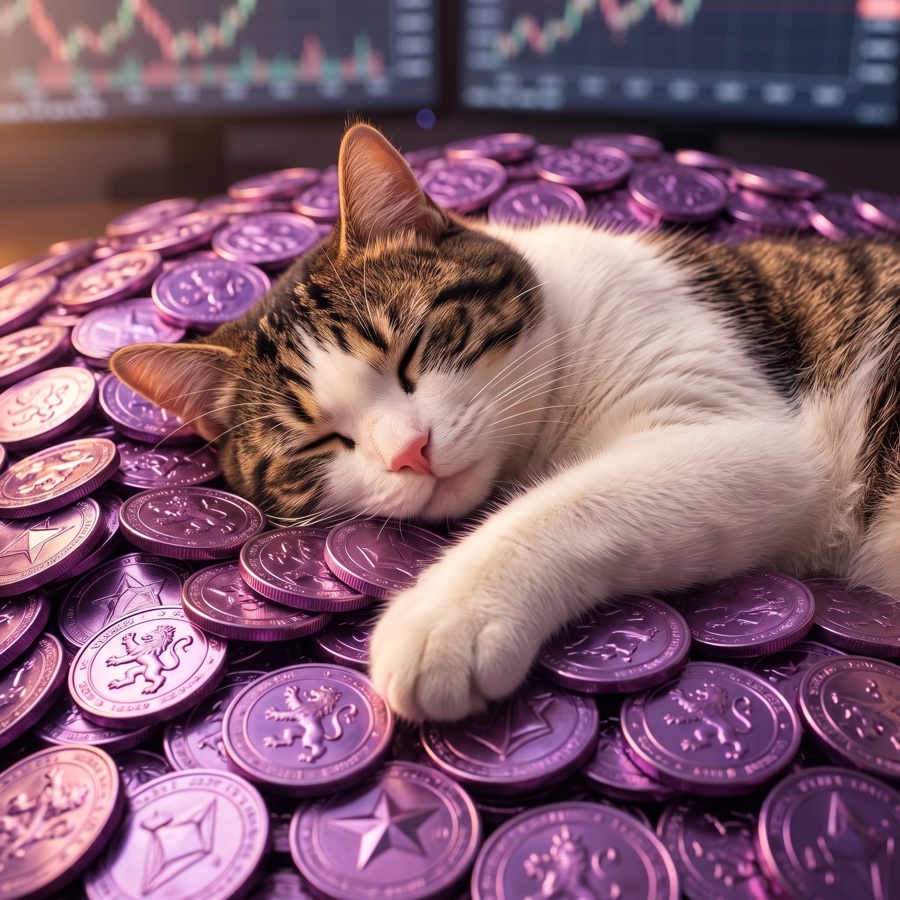 The cat asleep on a pile of purple coins